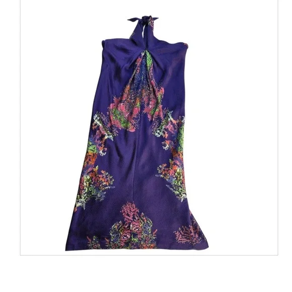 Halston Heritage Woman's Silk Dress Size 4 Twist‎ Front Halter Midi Floral Blue - Picture 3 of 13